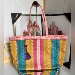 Estee Lauder Pink and Yellow canvas Striped Tote